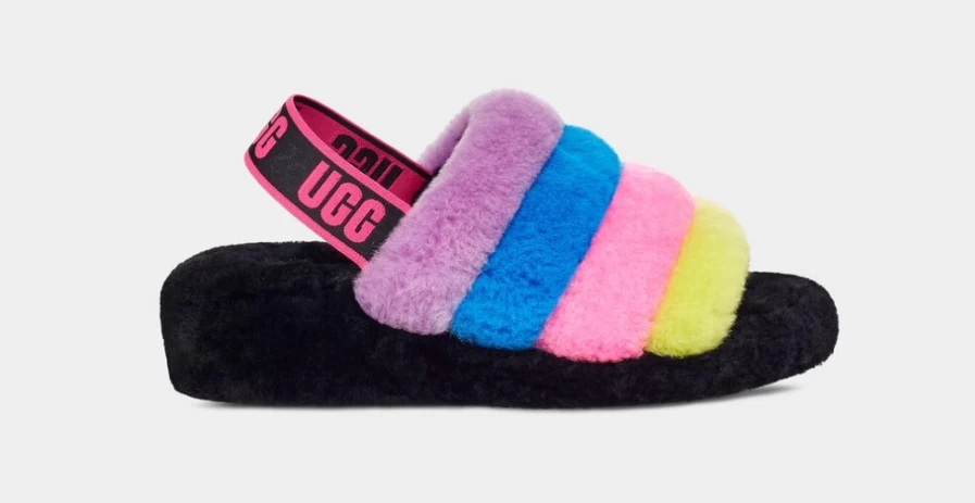 UGG Women's Fluff Yeah Slide Sandals in Black & Taffy Pink Multi Stripes
