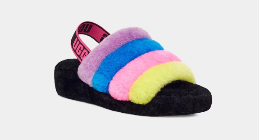 UGG Women's Fluff Yeah Slide Sandals in Black & Taffy Pink Multi Stripes