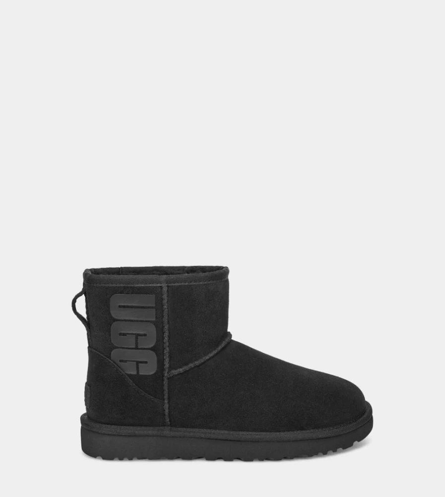 Women's Classic Mini UGG Boots in Black with Rubber Logo - Genuine UGG Footwear