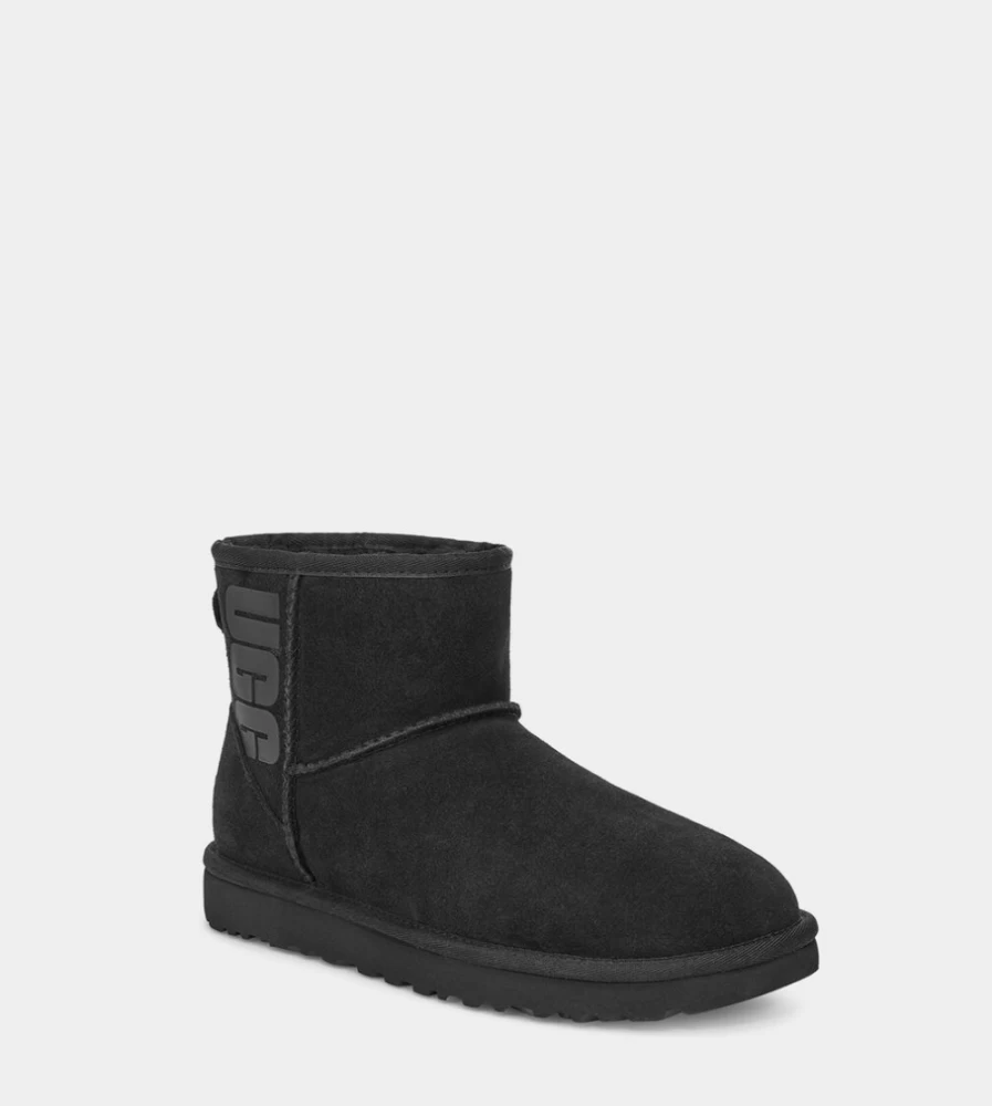 Women's Classic Mini UGG Boots in Black with Rubber Logo - Genuine UGG Footwear