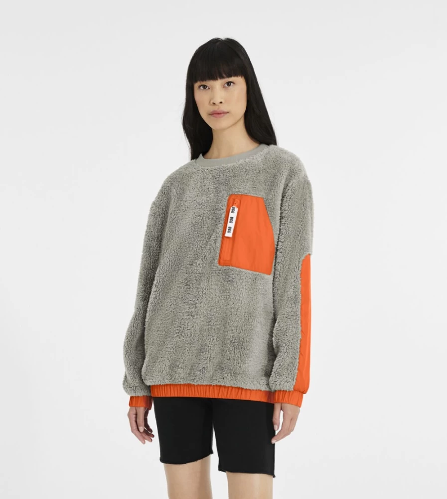 UGG Women's Niko Sherpa Crewneck Sweatshirt in Cobble & Orange Soda Colors