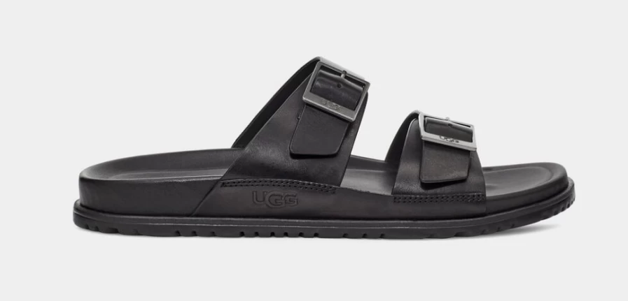 UGG Men's Black Leather Wainscott Buckle Slide Sandals