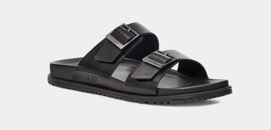 UGG Men's Black Leather Wainscott Buckle Slide Sandals
