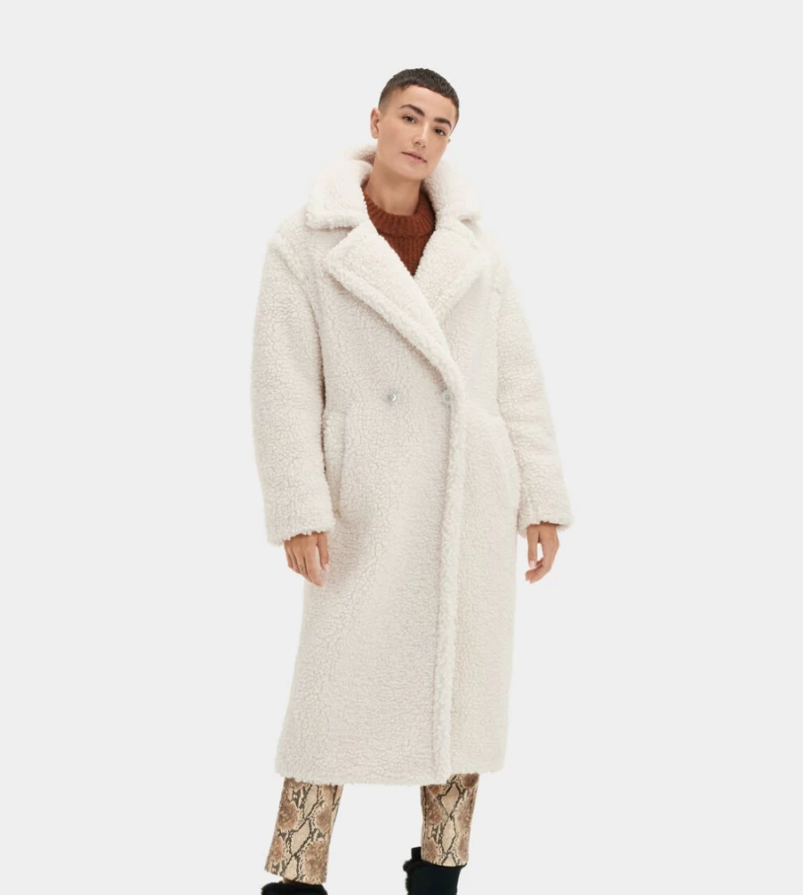 UGG Women's Gertrude Long Teddy Coat in Winter White - Plush Fleece Outerwear