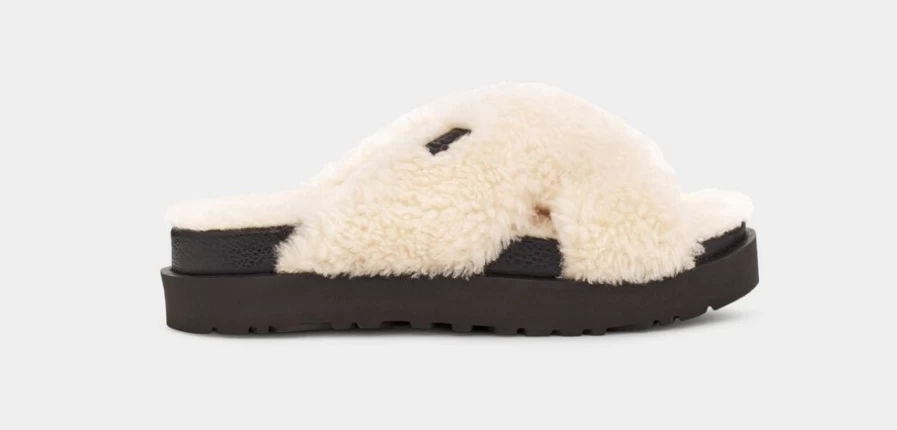 UGG Women's Fuzz Sugar Cross Slide Sandals in Natural & Black Colors