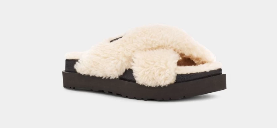 UGG Women's Fuzz Sugar Cross Slide Sandals in Natural & Black Colors