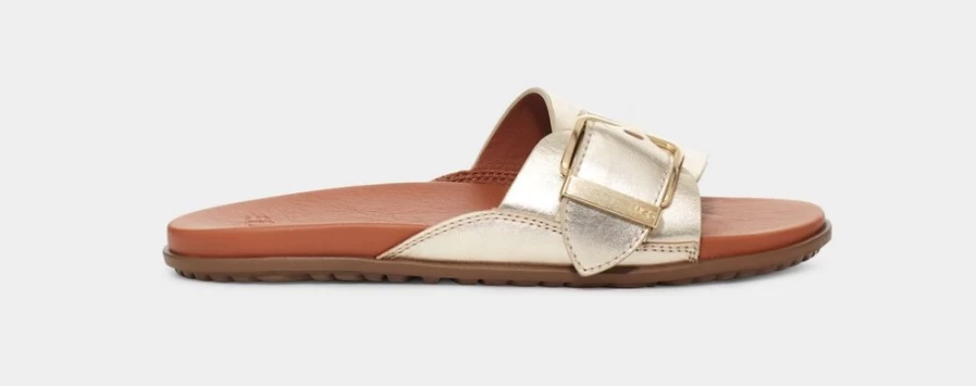 UGG Women's Solivan Buckle Slide Sandals in Pale Gold Metallic
