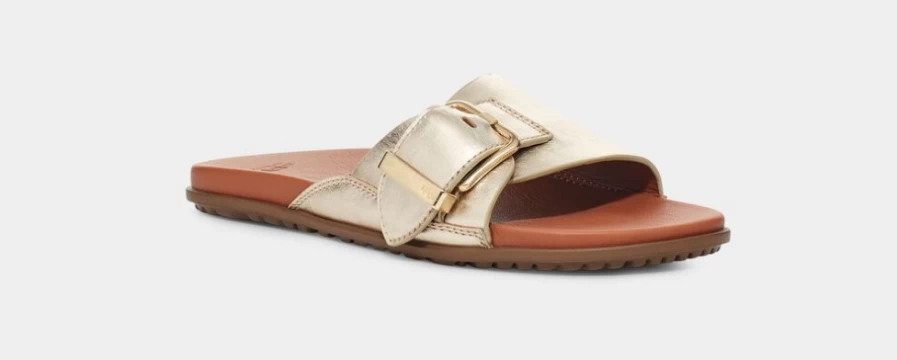 UGG Women's Solivan Buckle Slide Sandals in Pale Gold Metallic