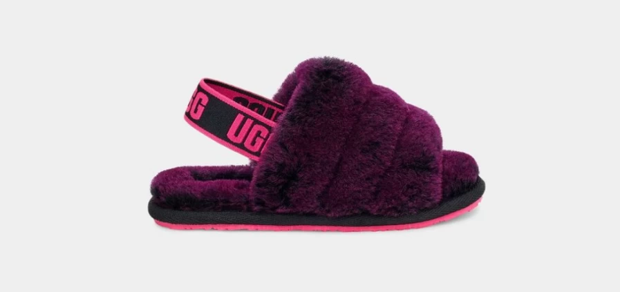 UGG Fluff Yeah Slide Toddler Slippers - Black & Pink Fuzzy Comfort Sandals for Kids
