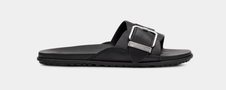 UGG Women's Black Leather Solivan Buckle Slide Sandals