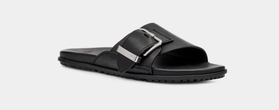 UGG Women's Black Leather Solivan Buckle Slide Sandals