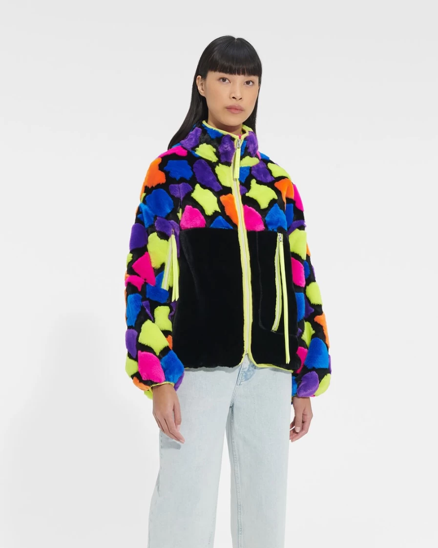 UGG Women's Marlene Sherpa Jacket - Black with Party Spots, Cozy Fleece Outerwear
