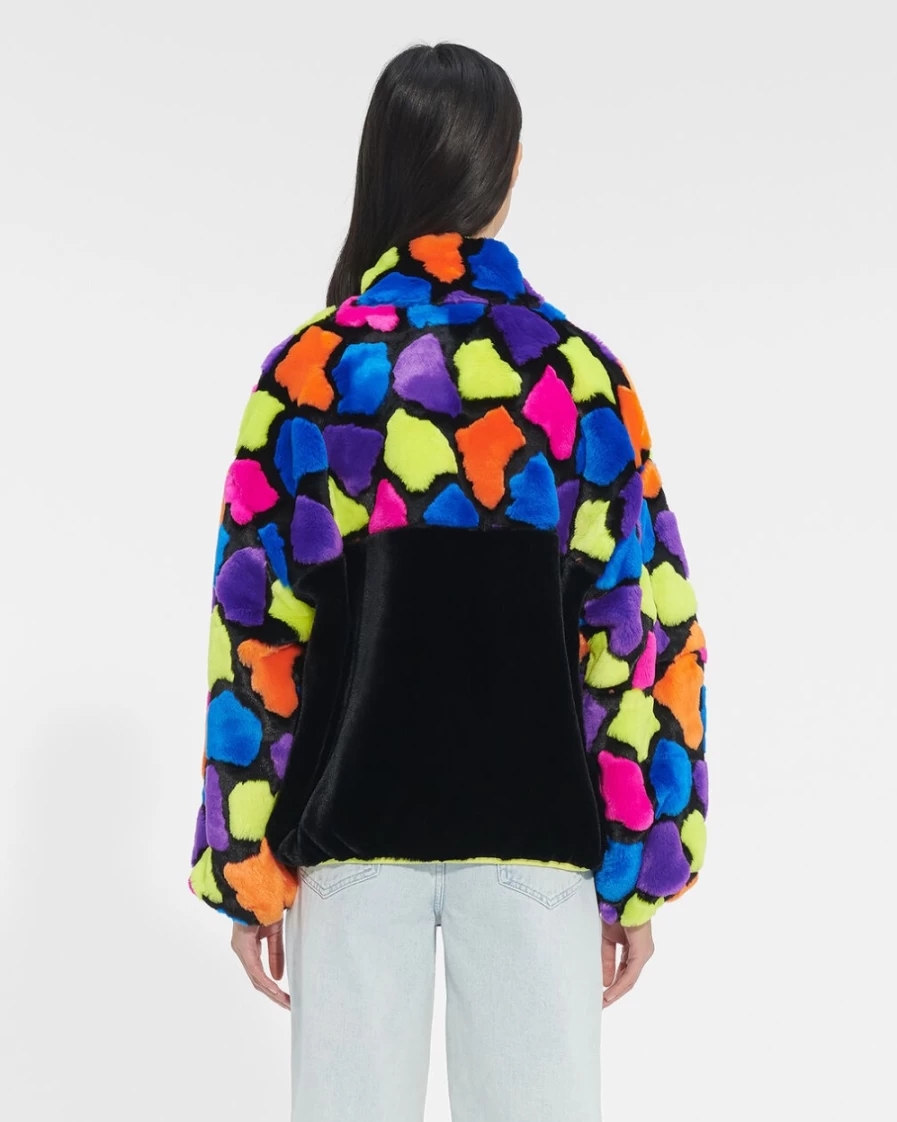 UGG Women's Marlene Sherpa Jacket - Black with Party Spots, Cozy Fleece Outerwear