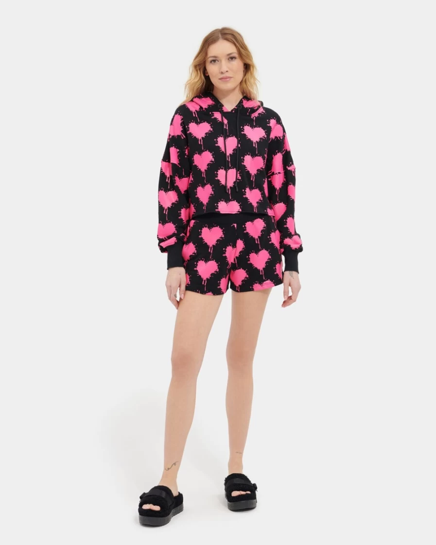 UGG Women's Keira Cropped Hoodie - Black & Taffy Pink Pullover Sweatshirt
