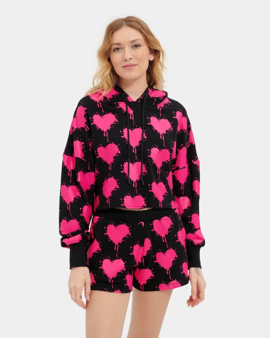 UGG Women's Keira Cropped Hoodie - Black & Taffy Pink Pullover Sweatshirt