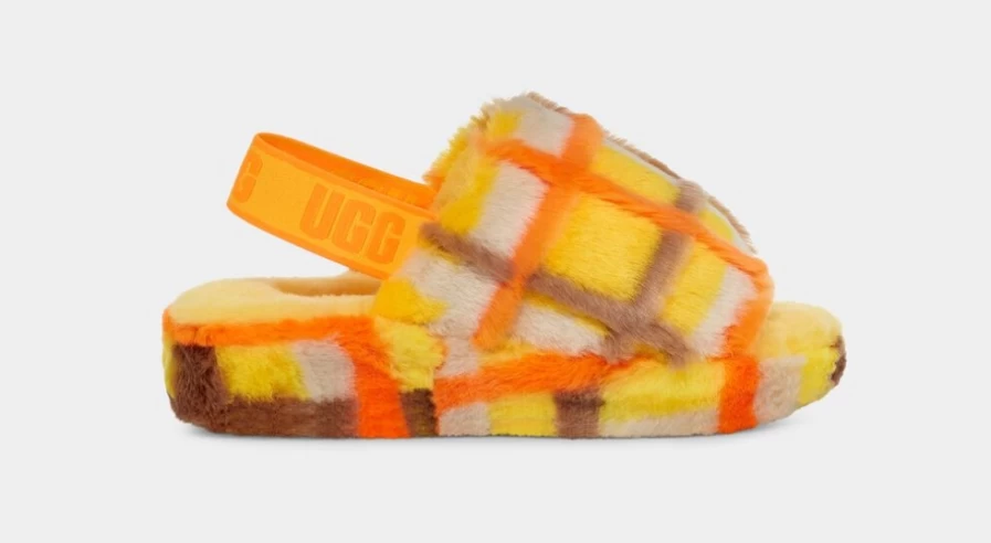 UGG Women's Fluff Yeah Slide Slippers in Canary Plaid Punk Pattern