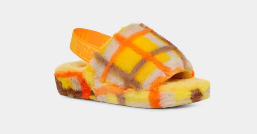 UGG Women's Fluff Yeah Slide Slippers in Canary Plaid Punk Pattern