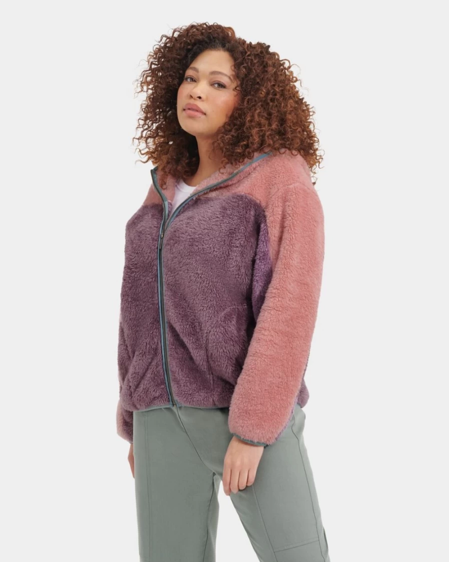 UGG Women's Sheila Sherpa Full Zip Fleece Jacket in Clay Pink & Smoky Mauve