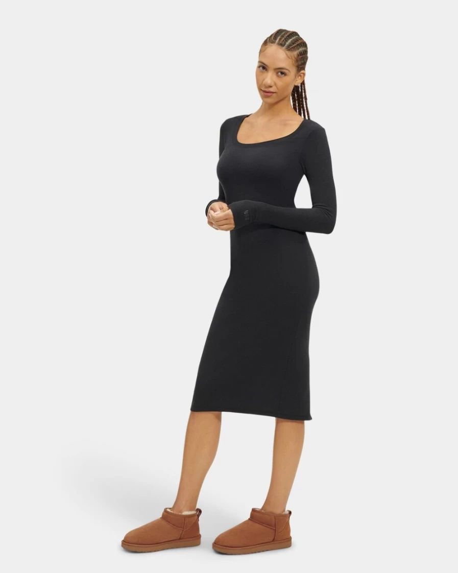 UGG Women's Tar Sariah Ribbed Long Sleeve Dress - Stretch Knit Bodycon Midi Dress