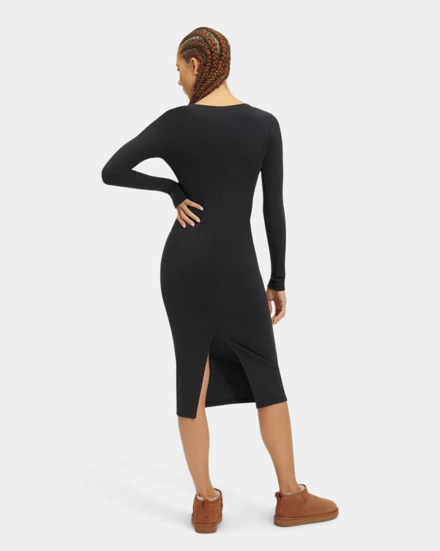 UGG Women's Tar Sariah Ribbed Long Sleeve Dress - Stretch Knit Bodycon Midi Dress