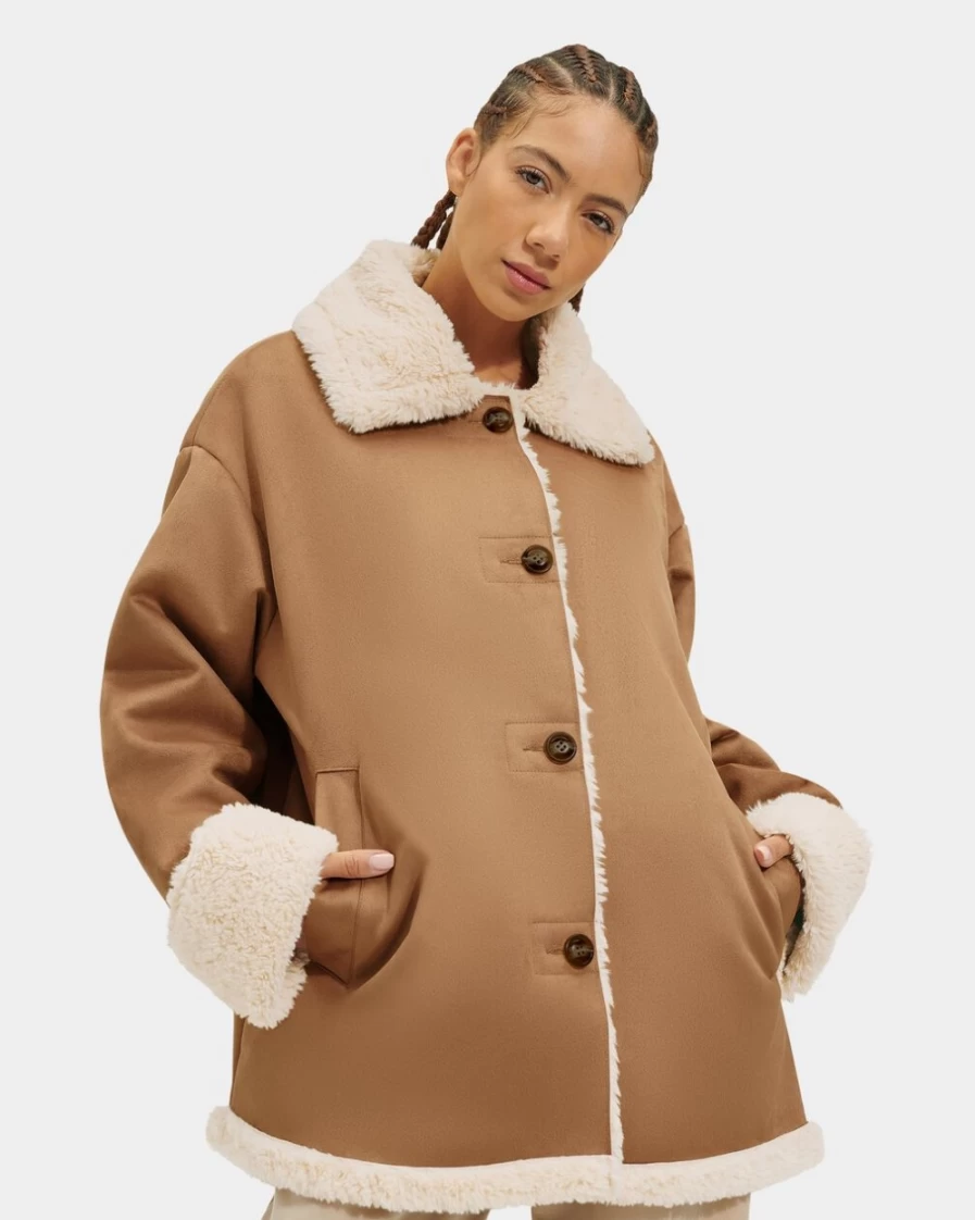 UGG Women's Tan/Cream Bonded Faux Fur Jacket - Dez Style Cozy Outerwear