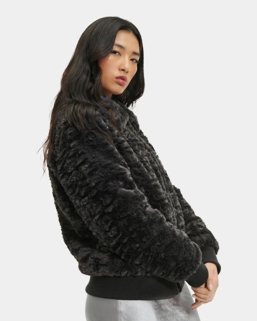 UGG Women's Ink Bomber Jacket with Faux Fur Trim - Viviana Style Cozy Outerwear