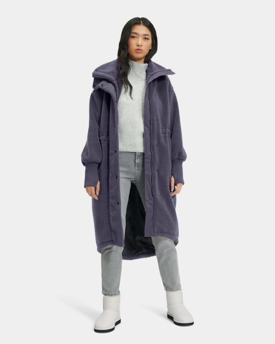 UGG Women's Rhiannon Long Sherpa Coat in Gravel Grey - Warm Fleece-Lined Winter Jacket