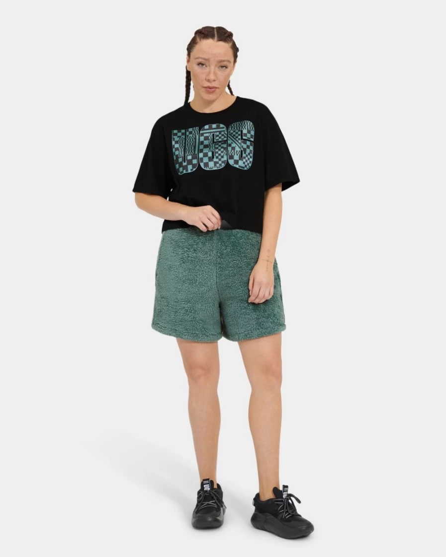 UGG Women's Camilia Sherpa Shorts in Aloe Vera & Midnight Blue - Cozy Fleece-Lined Winter Shorts