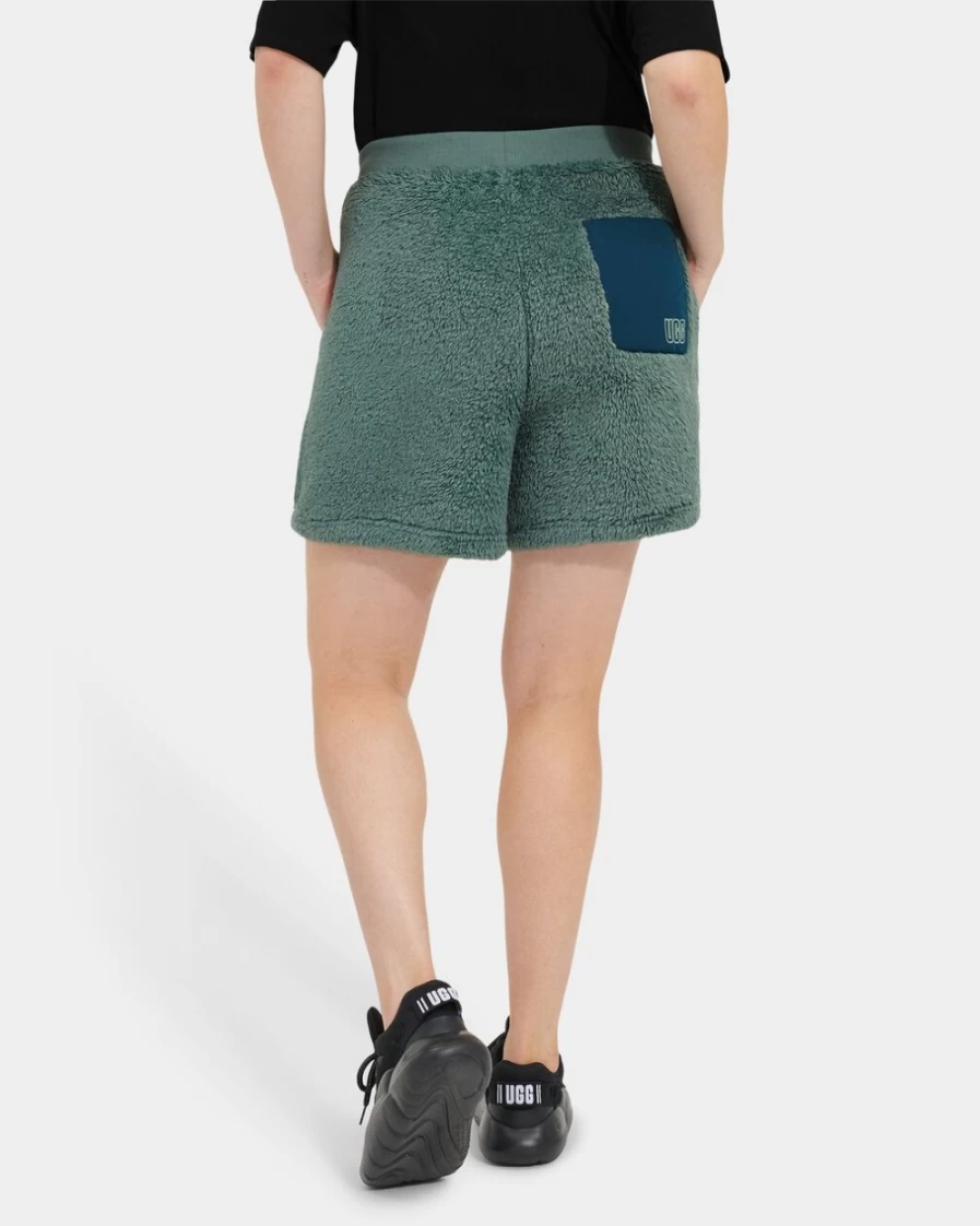 UGG Women's Camilia Sherpa Shorts in Aloe Vera & Midnight Blue - Cozy Fleece-Lined Winter Shorts