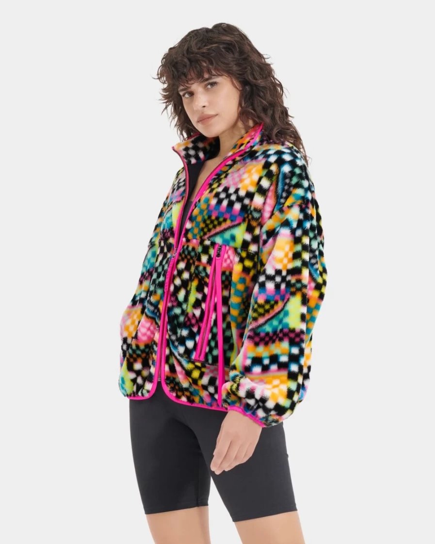 UGG Women's Black Multi Checks Faux Fur Jacket - Marlene Print Style