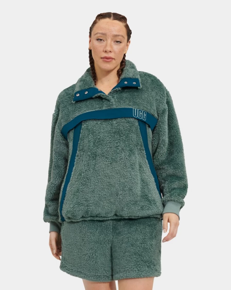 UGG Women's Gayel Sherpa Half Snap Fleece Jacket in Aloe Vera & Midnight Blue