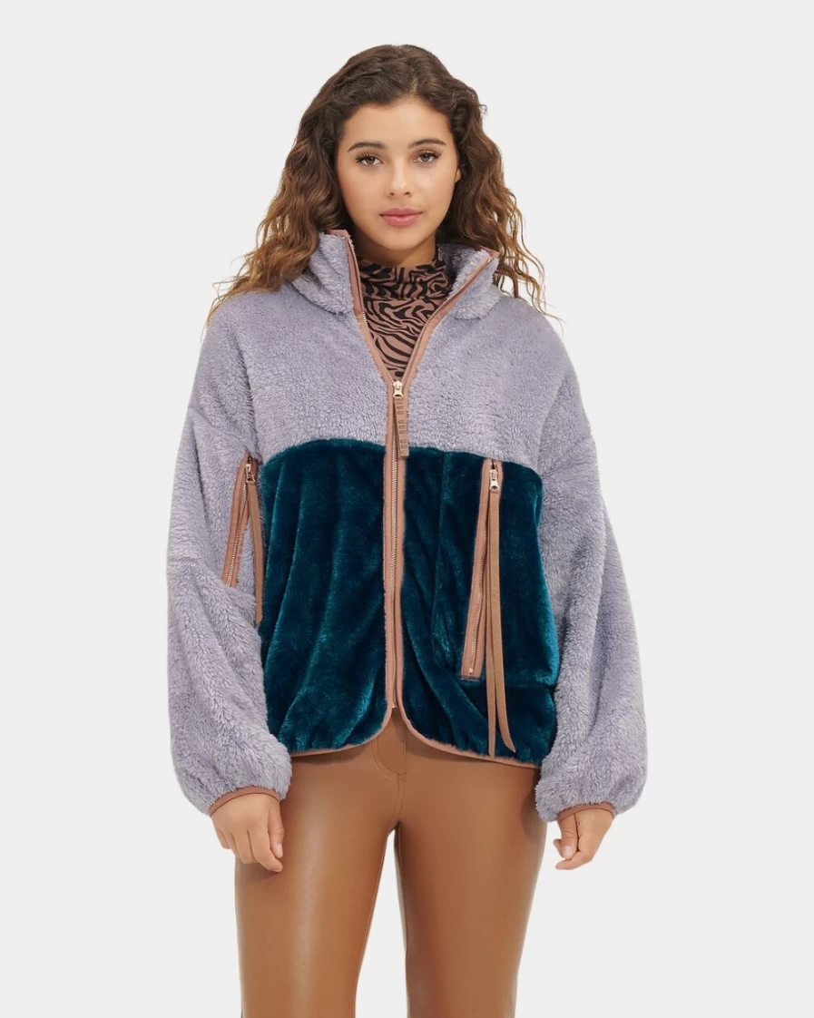 UGG Women's Marlene Sherpa Jacket in Cloudy Grey & Marina Blue - Cozy Winter Outerwear