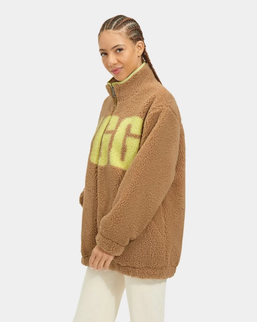 UGG Women's Raquelle Sherpa Jacket in Camel & Chickpea Colors | Cozy Fleece Outerwear
