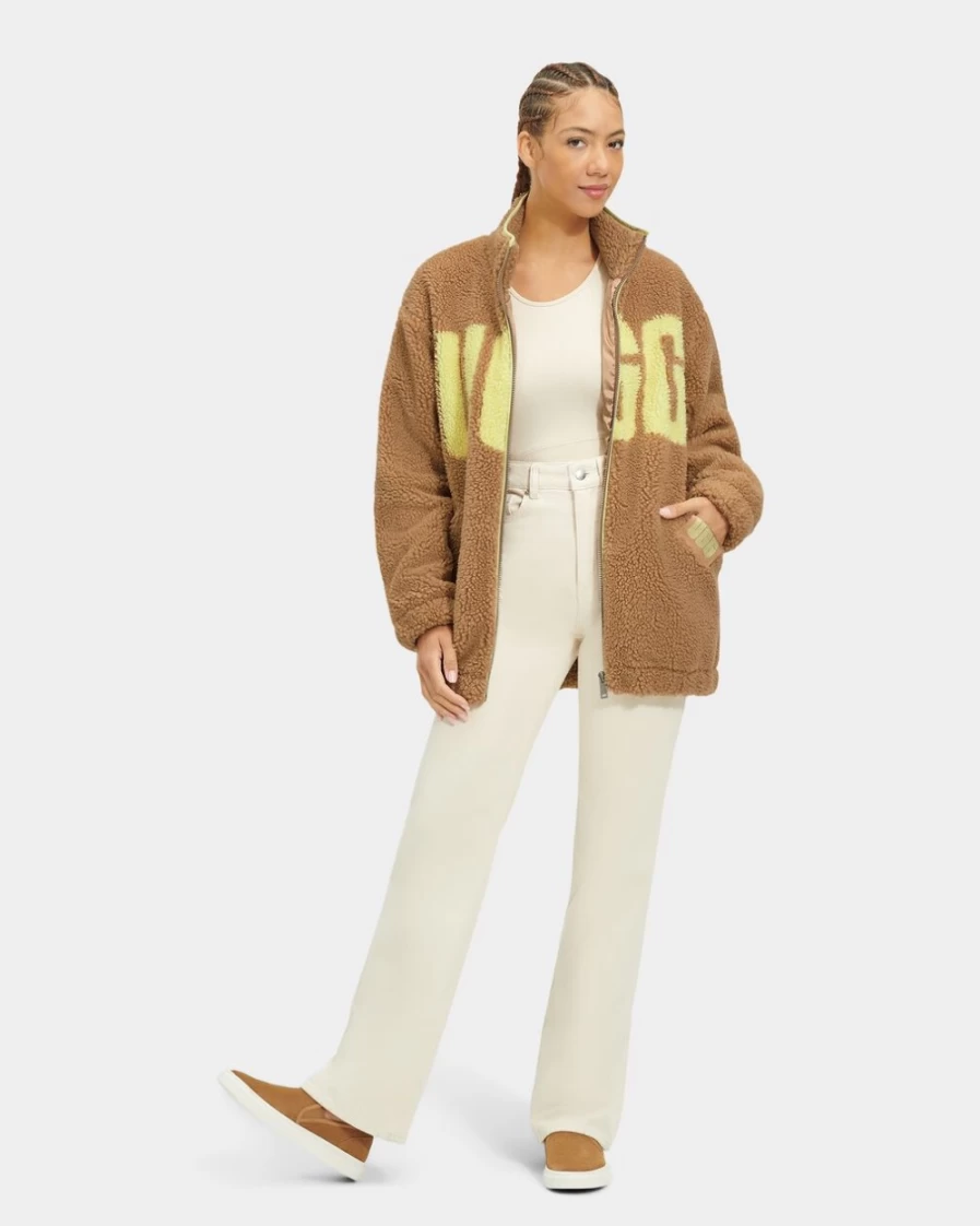 UGG Women's Raquelle Sherpa Jacket in Camel & Chickpea Colors | Cozy Fleece Outerwear