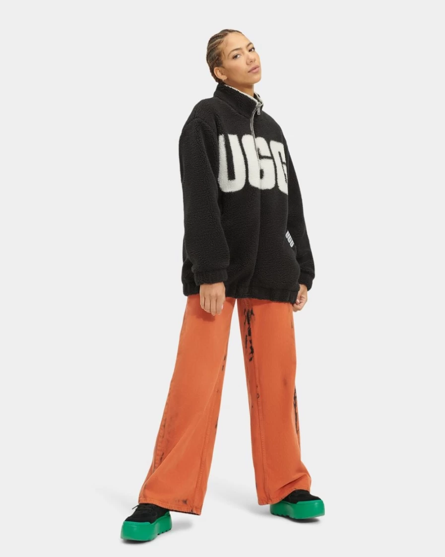 UGG Women's Raquelle Sherpa Jacket in Black & Cream | Cozy Fleece Outerwear