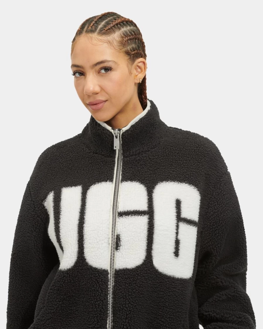 UGG Women's Raquelle Sherpa Jacket in Black & Cream | Cozy Fleece Outerwear