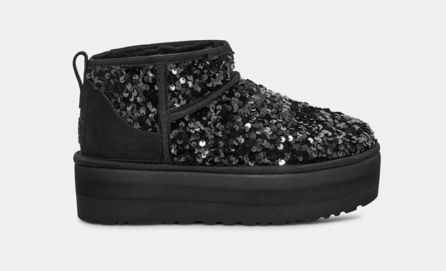 UGG Women's Ultra Mini Chunky Sequin Boots in Black - Glamorous & Stylish Winter Footwear