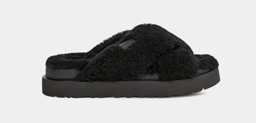 UGG Women's Black Fuzz Sugar Cross Slide Sandals