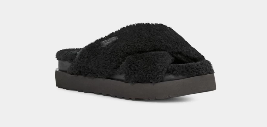 UGG Women's Black Fuzz Sugar Cross Slide Sandals