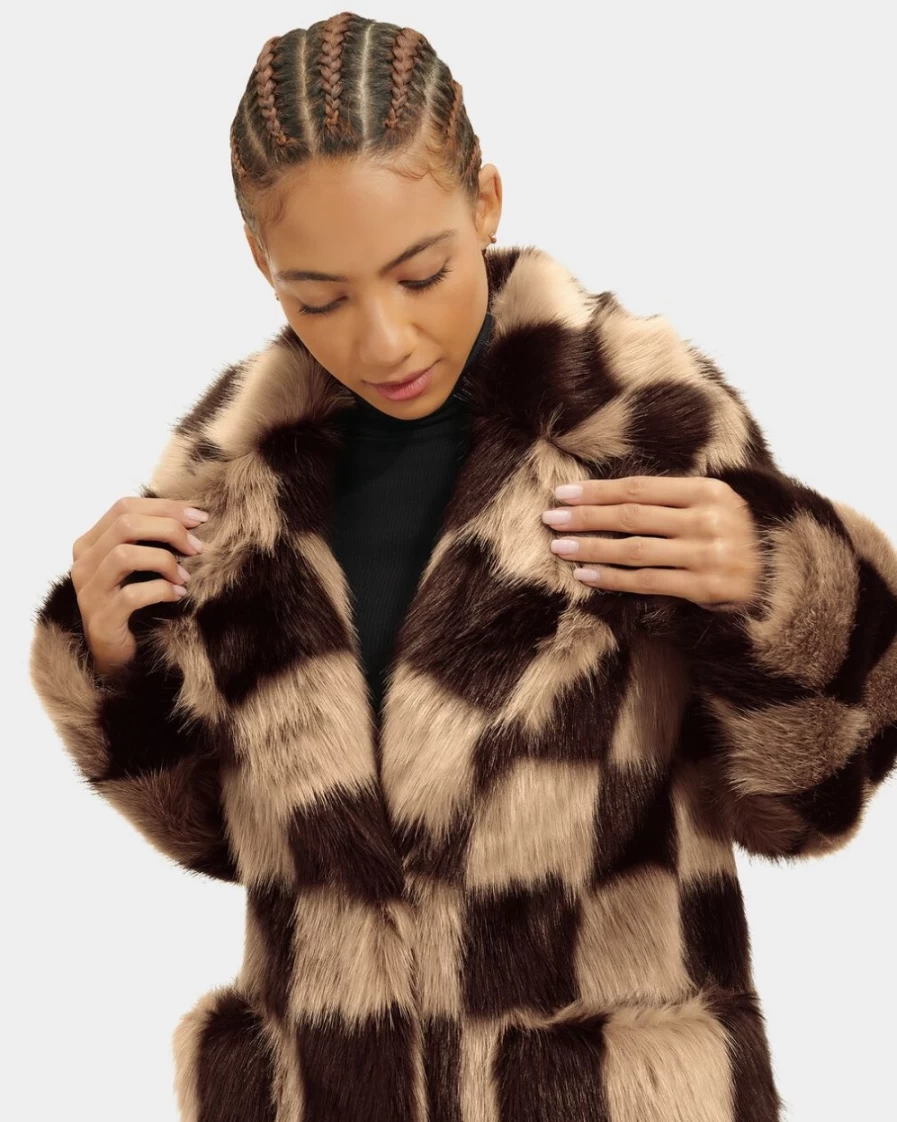 UGG Women's Checks Faux Fur Coat - Stylish Winter Jacket