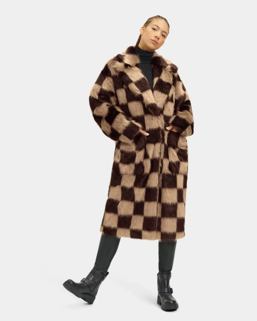UGG Women's Checks Faux Fur Coat - Stylish Winter Jacket