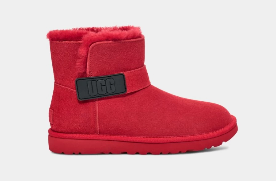 UGG Women's Mini Bailey Bow Boots in Samba Red with Graphic Logo Strap