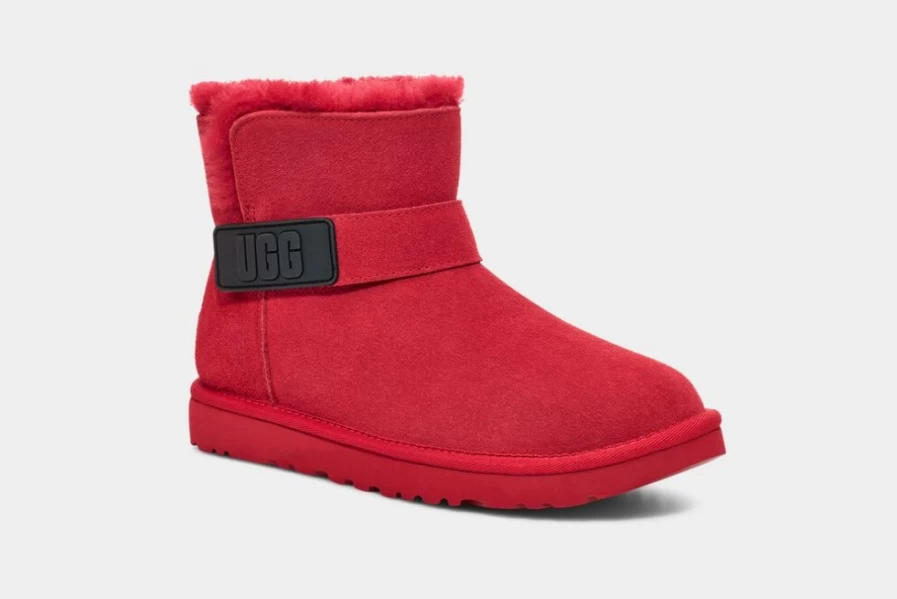 UGG Women's Mini Bailey Bow Boots in Samba Red with Graphic Logo Strap