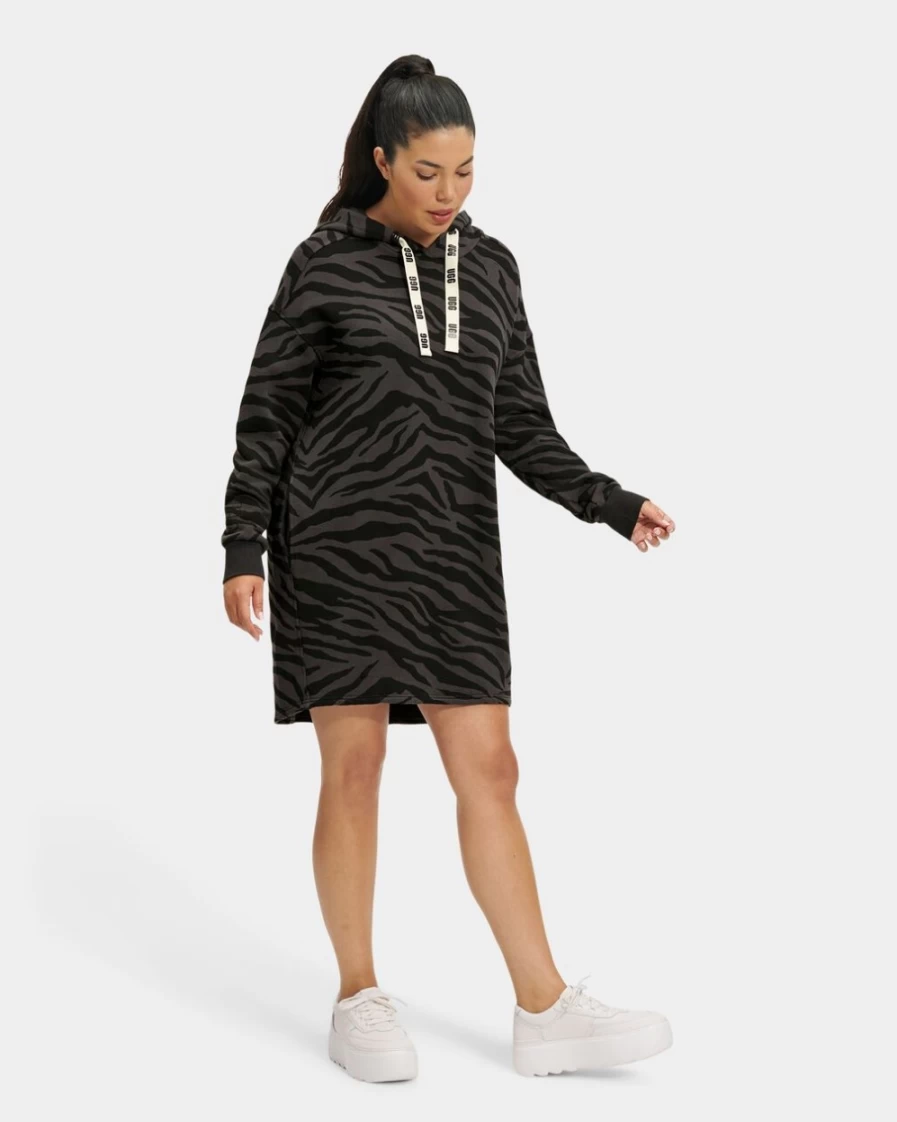 UGG Women's Black Zebra Print Hoodie Dress - Aderyn Long Sleeve Pullover