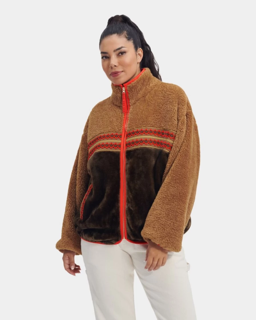 UGG Women's Marlene Sherpa Jacket in Chestnut Heritage Braid - Cozy Winter Coat