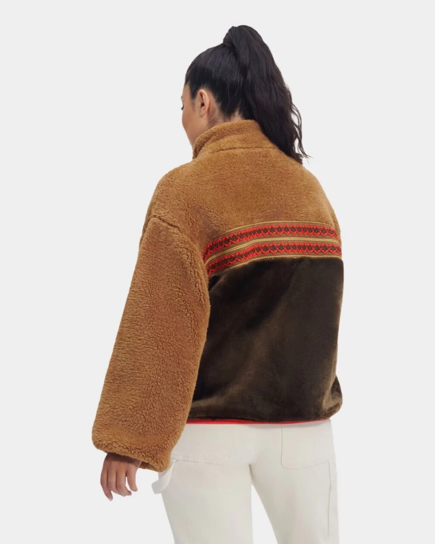 UGG Women's Marlene Sherpa Jacket in Chestnut Heritage Braid - Cozy Winter Coat