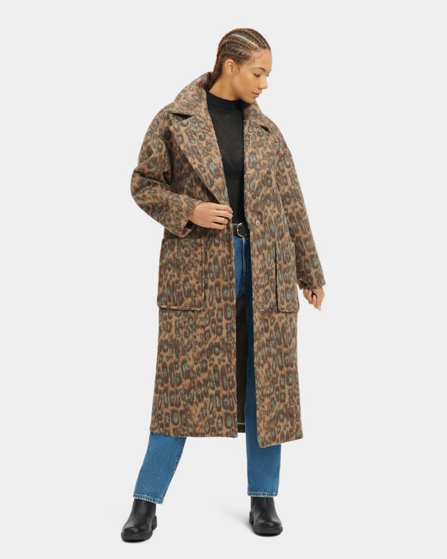 UGG Women's Trellis Leopard Print Long Oversized Coat Novelty Jacket