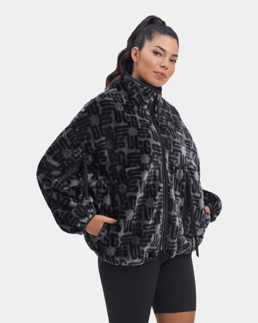 UGG Women's Marlene Sherpa Jacket - Black Graphic Monogram Coat