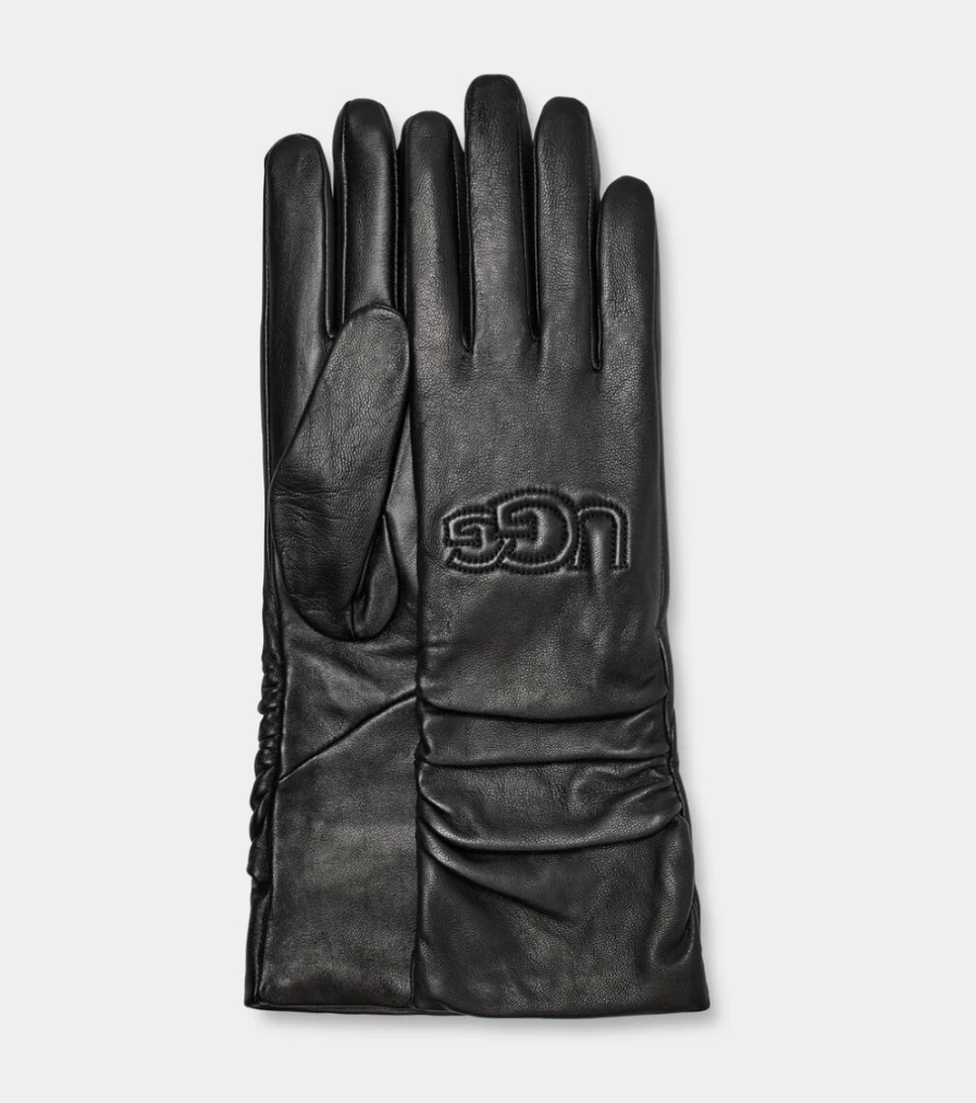 UGG Women's Black Leather Scrunched Logo Gloves - Fashionable & Comfortable