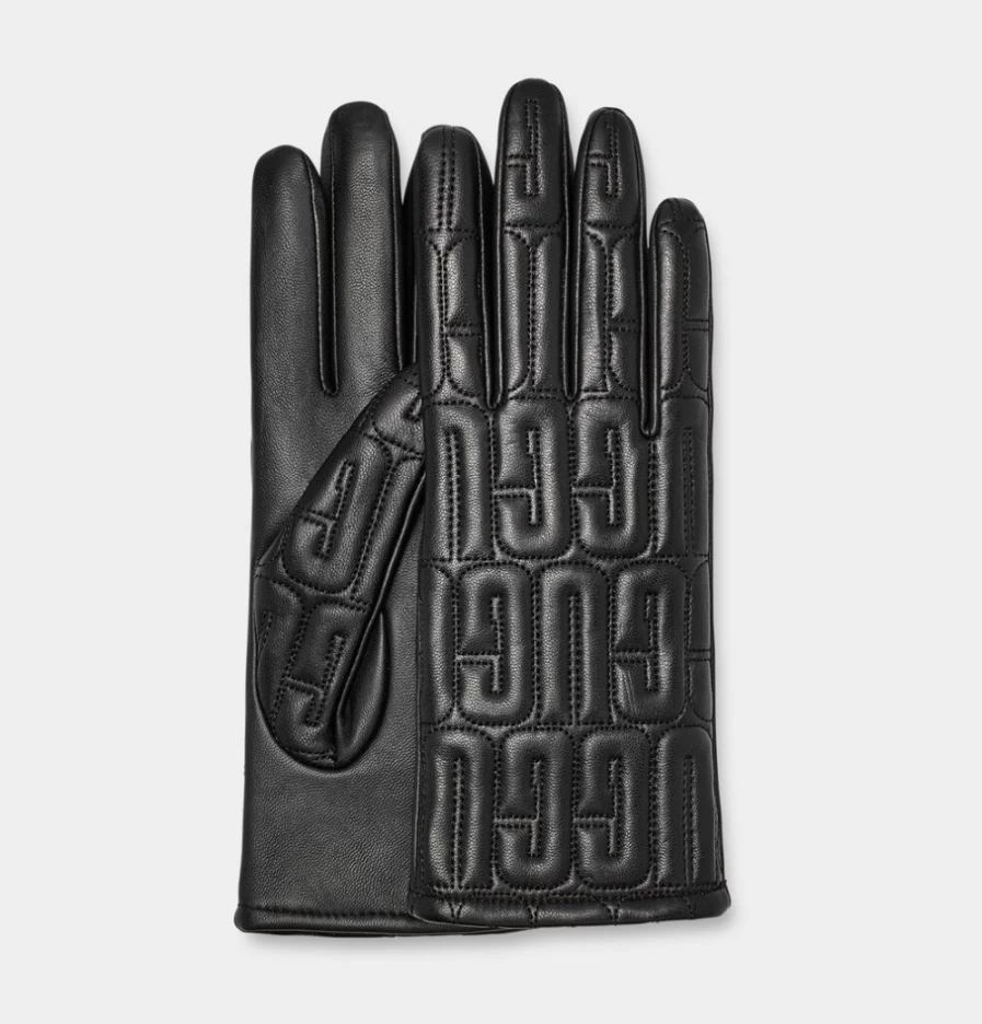 UGG Women's Black Leather Quilted Logo Gloves